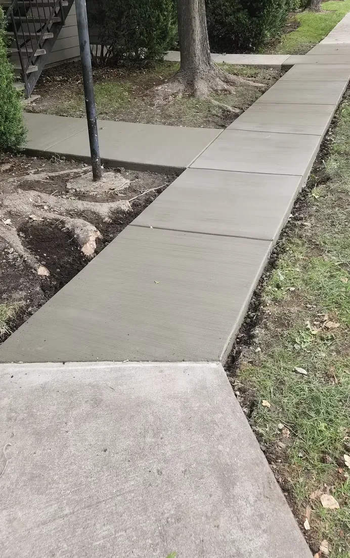 Freshly finished concrete sidewalk running past a tree and lawn